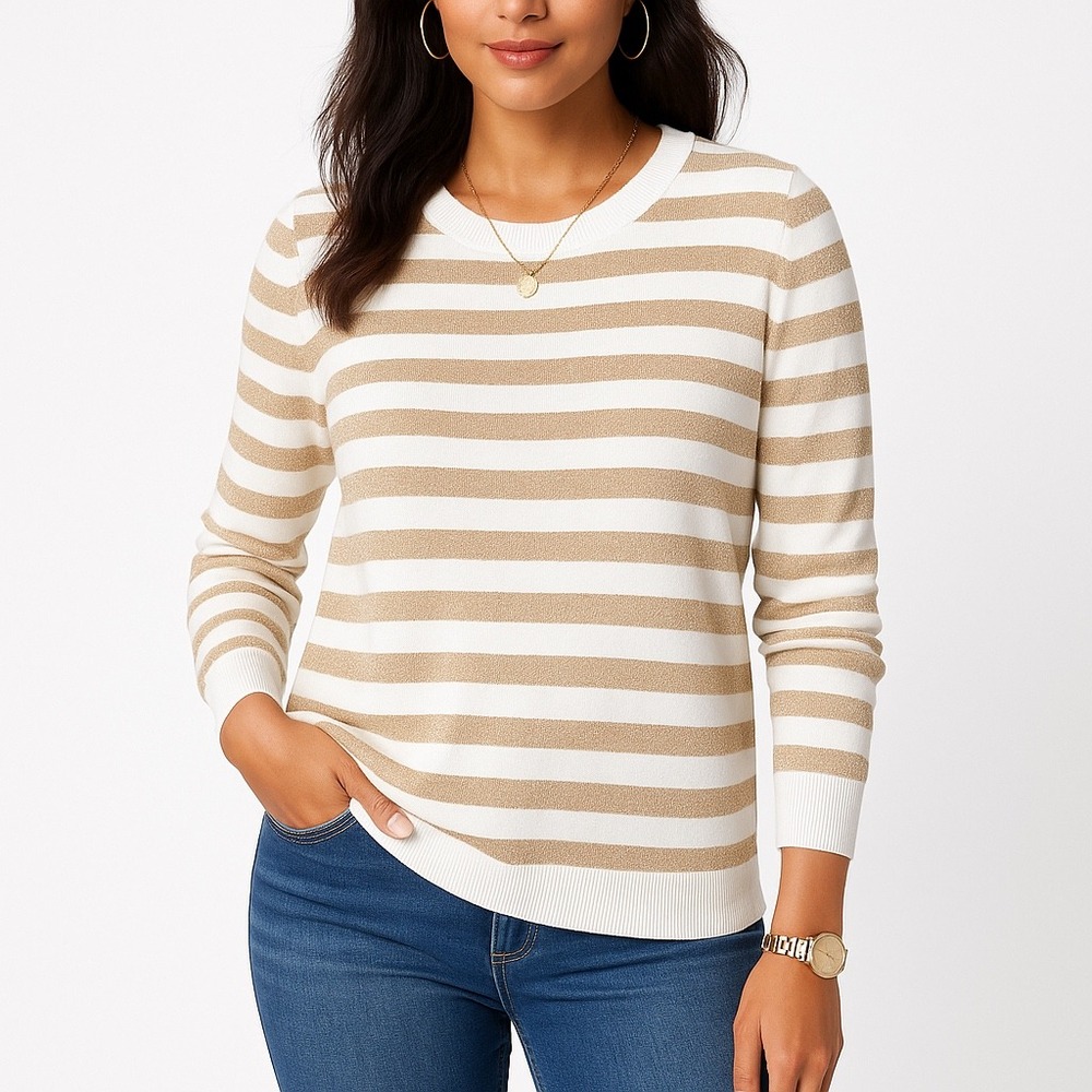 MICHAEL Michael Kors Cream and Tan Striped Crewneck Sweater